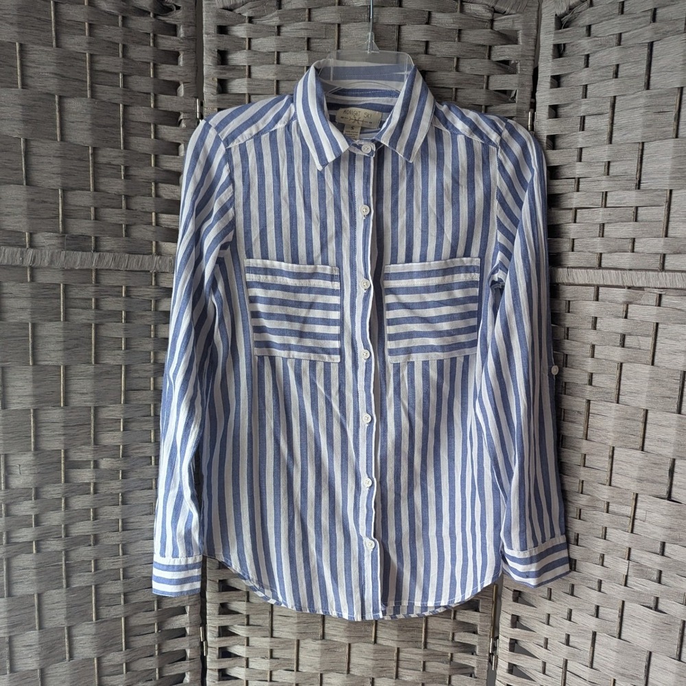 Button Down Shirt Chambray Blue White Striped Cotton Sz S Sailor Coastal Preppy